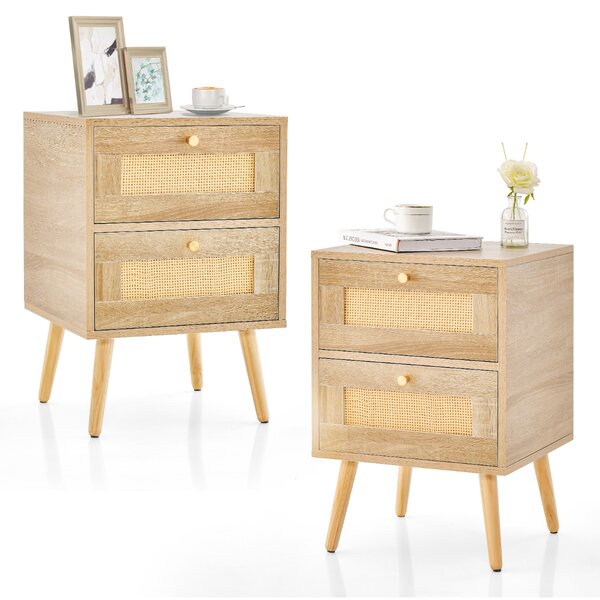 Costway Set di 2 comodini in rattan con 2 cassetti gambe in legno massello, 2 Tavolini comodini Boho Naturale