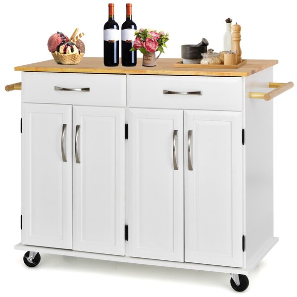 Costway Carrello da cucina con piano di lavoro in legno di gomma 4 ante ripiani regolabili, Carrello porta utensili Bianco