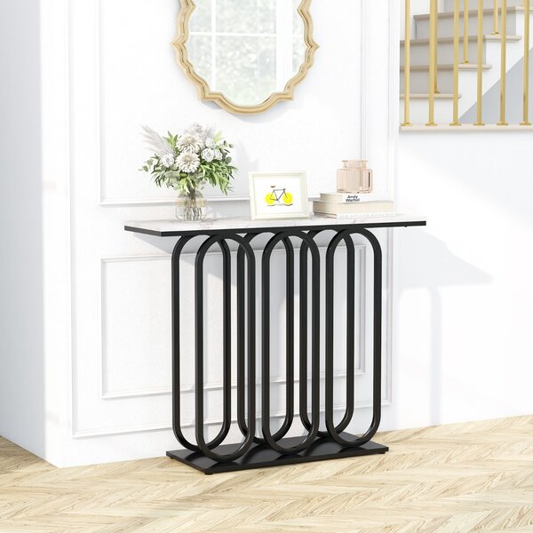 Costway Tavolo consolle da 100cm con piano effetto marmo piedini regolabili struttura in metallo, Mobile ingresso Nero