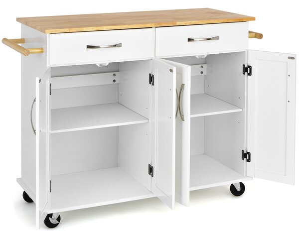 Costway Carrello da cucina con piano di lavoro in legno di gomma 4 ante ripiani regolabili, Carrello porta utensili Bianco