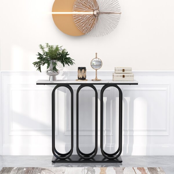 Costway Tavolo consolle da 100cm con piano effetto marmo piedini regolabili struttura in metallo, Mobile ingresso Nero