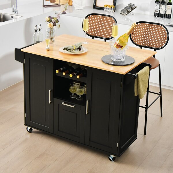 Costway Carrello cucina isola con piano ribaltabile e 4 ruote girevoli, Isola cucina con cassetto profondo portabottiglie Nero