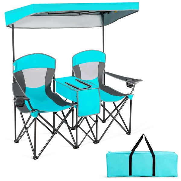 Costway Sedie da campeggio pieghevoli con tettoia borsa termica tavolino, Panchina da picnic a 2 posti regolabile Blu chiaro