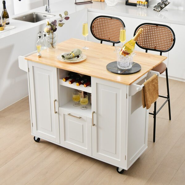 Costway Carrello cucina isola con piano ribaltabile e 4 ruote girevoli, Isola cucina con cassetto profondo portabottiglie Bianco
