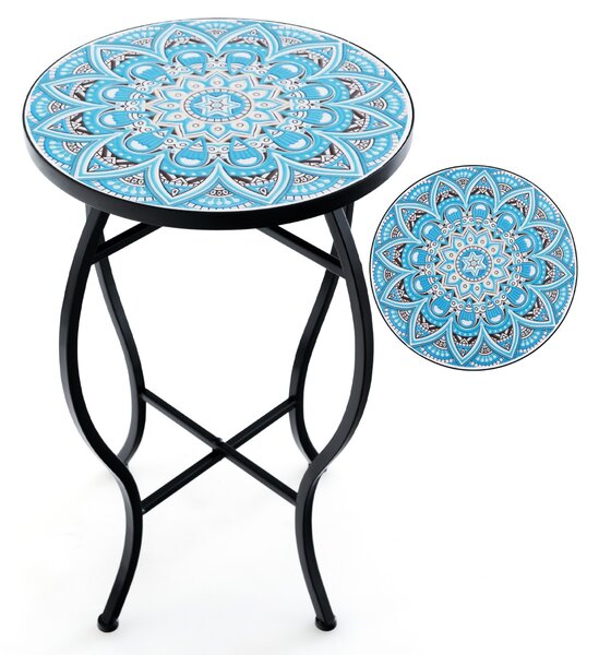 Costway Tavolino laterale per patio con mosaico decorativo, Tavolino rotondo da 35cm con piano in piastrelle di ceramica