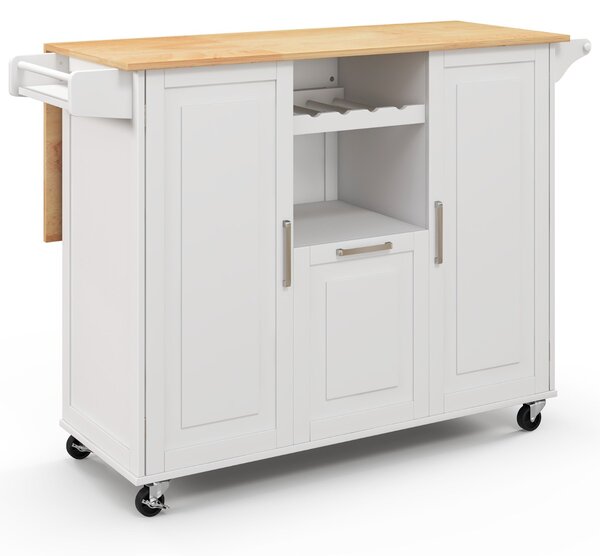 Costway Carrello cucina isola con piano ribaltabile e 4 ruote girevoli, Isola cucina con cassetto profondo portabottiglie Bianco