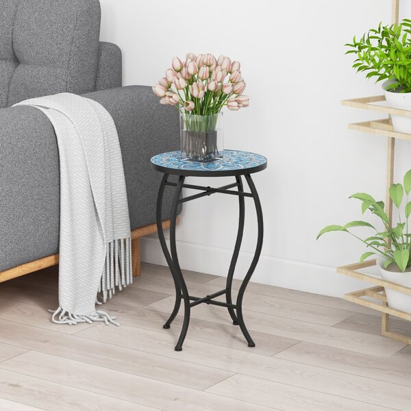 Costway Tavolino laterale per patio con mosaico decorativo, Tavolino rotondo da 35cm con piano in piastrelle di ceramica