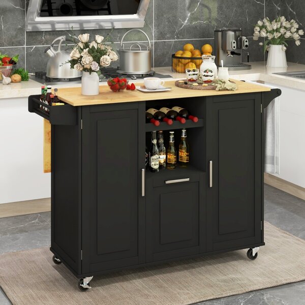 Costway Carrello cucina isola con piano ribaltabile e 4 ruote girevoli, Isola cucina con cassetto profondo portabottiglie Nero