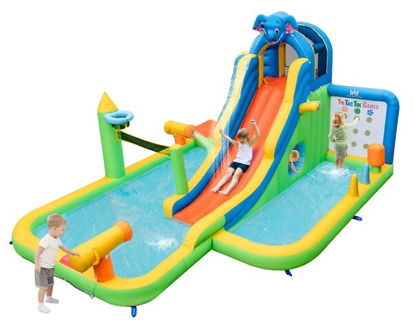 Costway Parco acquatico gigante per bambini, Scivolo gonfiabile con piscina spruzzo parete da arrampicata cannoni d'acqua