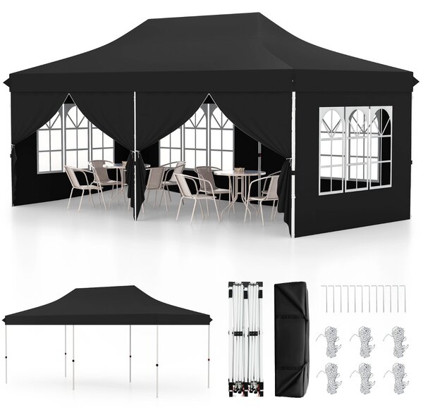 Costway Tenda a scomparsa 3x6m con 6 pareti laterali rimovibili borsa da trasporto, Tenda gazebo pieghevole per feste Nero