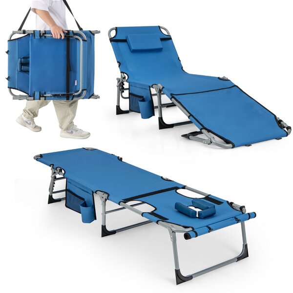 Costway Sedia a sdraio pieghevole da esterno con 5 posizioni regolabili foro per viso, Lettino prendisole portatile Blu