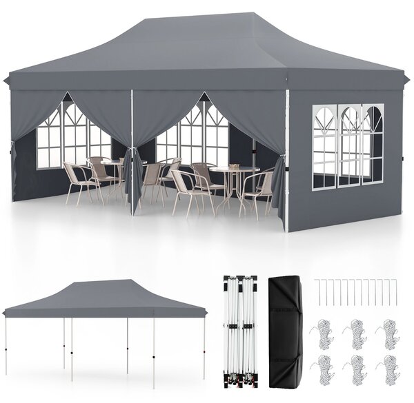 Costway Tenda a scomparsa 3x6m con 6 pareti laterali rimovibili borsa da trasporto, Tenda gazebo pieghevole per feste Grigio