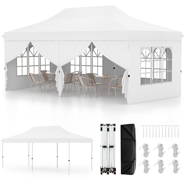 Costway Tenda a scomparsa 3x6m con 6 pareti laterali rimovibili borsa da trasporto, Tenda gazebo pieghevole per feste Bianco