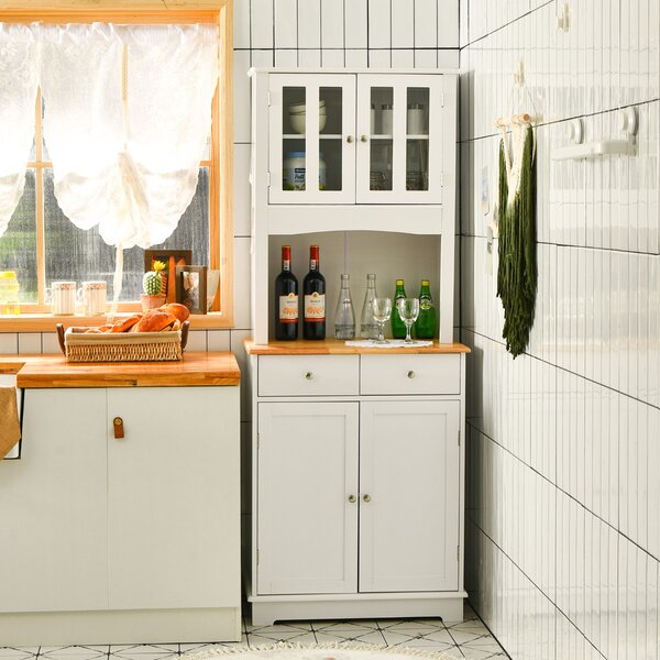 Costway Mobile dispensa da cucina autoportante con piano in legno regolabile, Credenza e 2 cassetti con ante in vetro Bianco