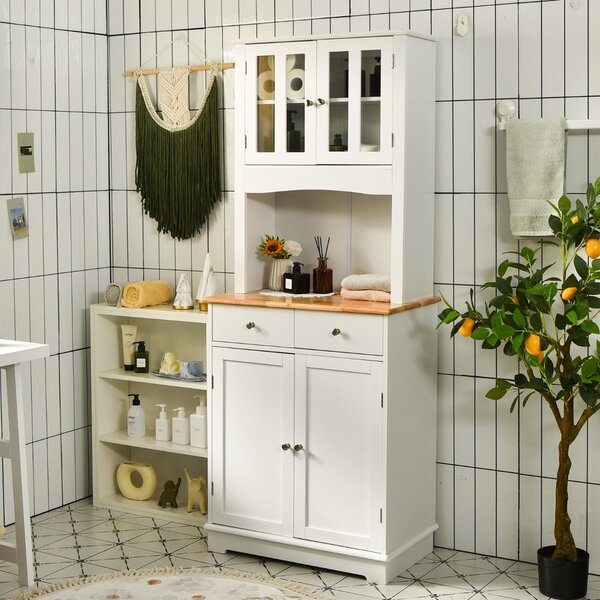 Costway Mobile dispensa da cucina autoportante con piano in legno regolabile, Credenza e 2 cassetti con ante in vetro Bianco