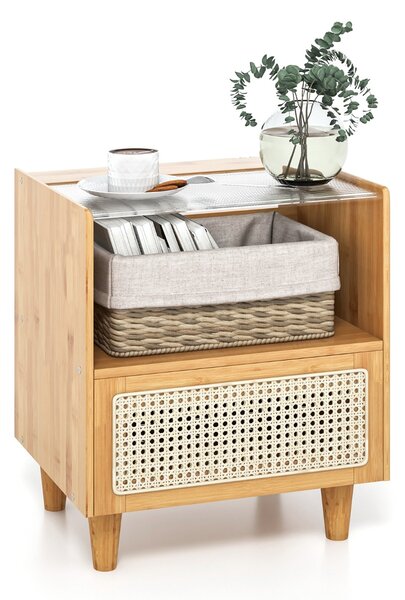Costway Comodino in bambù e rattan con cassetto e gambe in legno massello, Tavolino da salotto boho 43x35x50cm Naturale 1 Pezzo