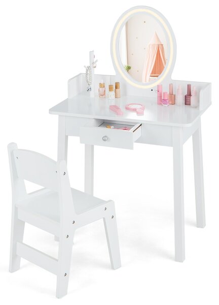 Costway Set di trucco per bambini con specchio sedia illuminazione a LED a 2 colori, Tavolo da trucco per ragazze Bianco