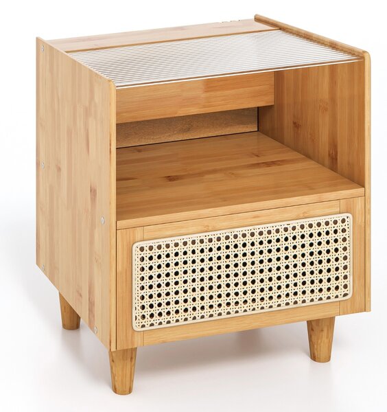 Costway Comodino in bambù e rattan con cassetto e gambe in legno massello, Tavolino da salotto boho 43x35x50cm Naturale 1 Pezzo