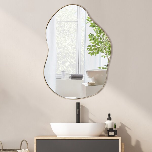 Costway Specchio da parete asimmetrico con base posteriore premium da 78x56,5cm, Specchio da parete a forma irregolare Oro