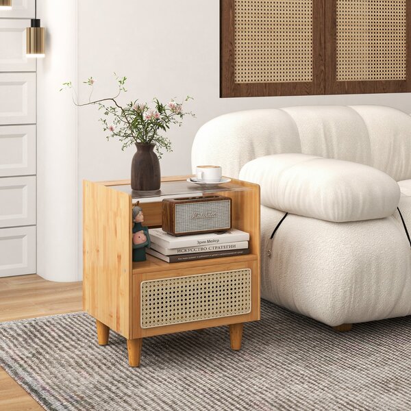 Costway Comodino in bambù e rattan con cassetto e gambe in legno massello, Tavolino da salotto boho 43x35x50cm Naturale 1 Pezzo
