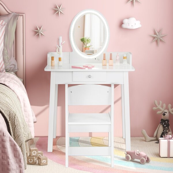 Costway Set di trucco per bambini con specchio sedia illuminazione a LED a 2 colori, Tavolo da trucco per ragazze Bianco