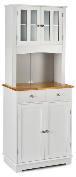 Costway Mobile dispensa da cucina autoportante con piano in legno regolabile, Credenza e 2 cassetti con ante in vetro Bianco