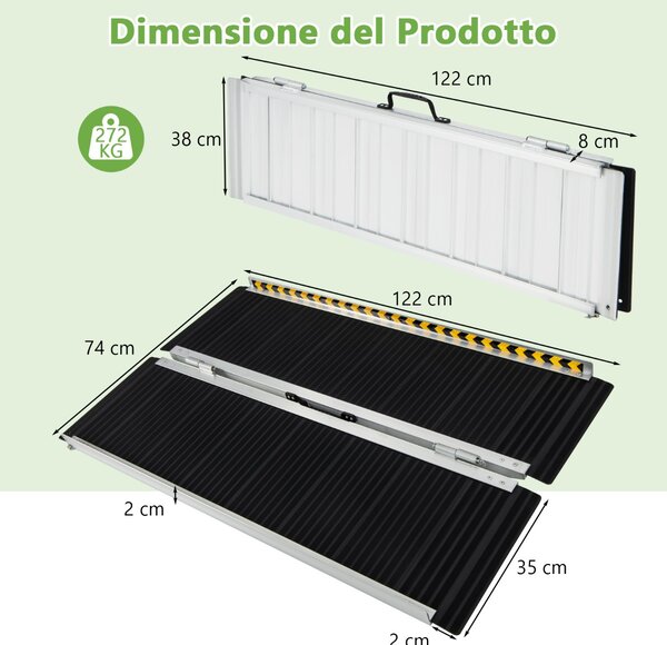 Costway Rampa per carrozzina con piastra di transizione e superficie antiscivolo, Rampa per soglie per gradini 122x74x2cm
