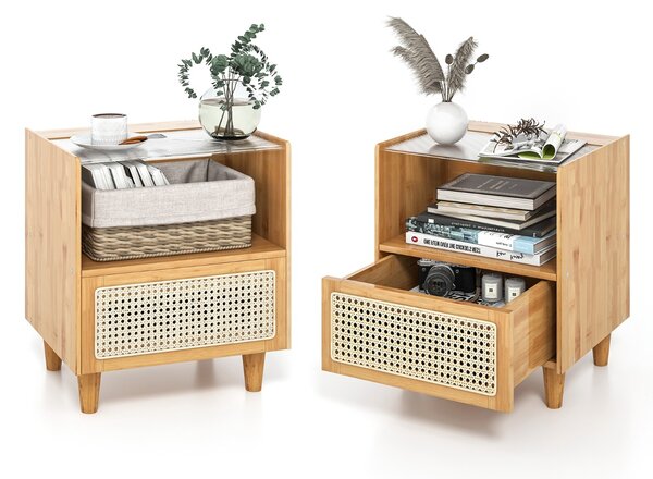 Costway Comodino in bambù e rattan con cassetto e gambe in legno massello, Tavolino da salotto boho 43x35x50cm Naturale 2 Pezzi