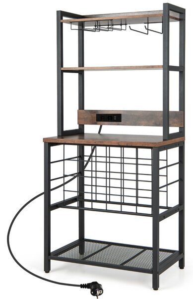 Costway Mobile bar vino con 4 ripiani porta calici porte USB prese struttura in metallo, Portabottiglie industriale Marrone