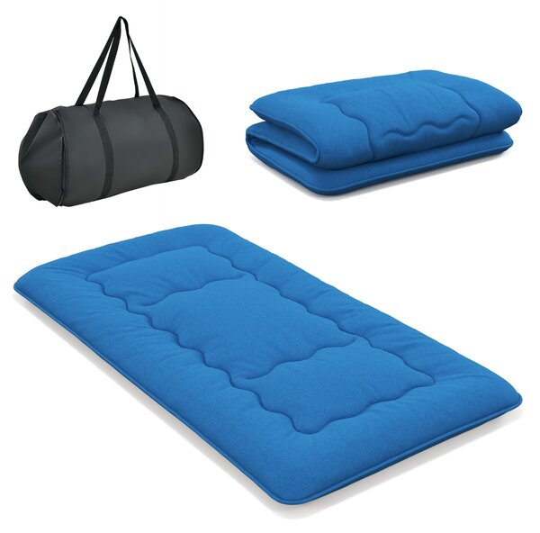 Costway Materasso futon portatile con copertura lavabile sacca da trasporto, Tappeto arrotolabile per pavimento 90cm Blu