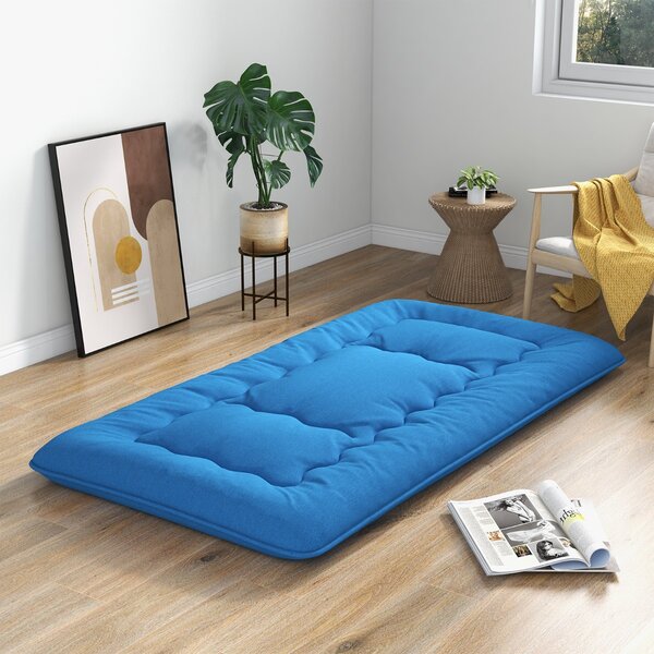 Costway Materasso futon portatile con copertura lavabile sacca da trasporto, Tappeto arrotolabile per pavimento 90cm Blu