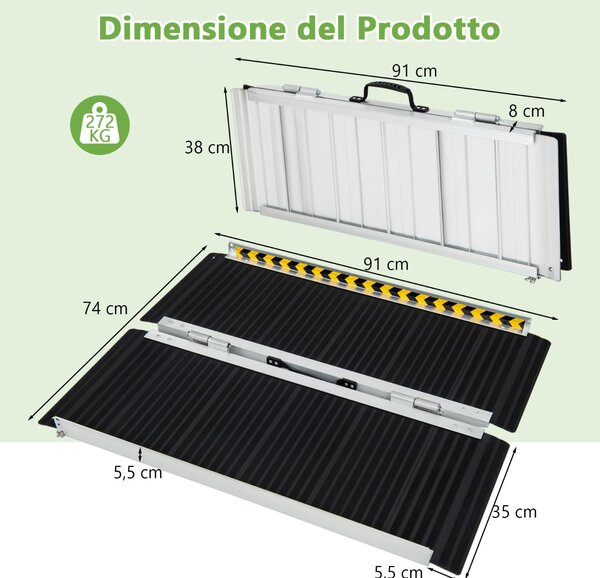 Costway Rampa per carrozzina con piastra di transizione e superficie antiscivolo, Rampa per soglie per gradini 91x74x5,5cm