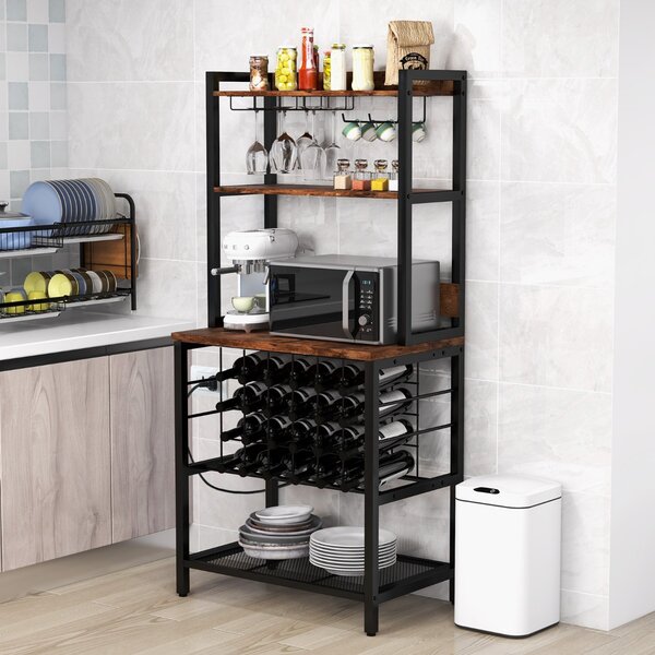 Costway Mobile bar vino con 4 ripiani porta calici porte USB prese struttura in metallo, Portabottiglie industriale Marrone