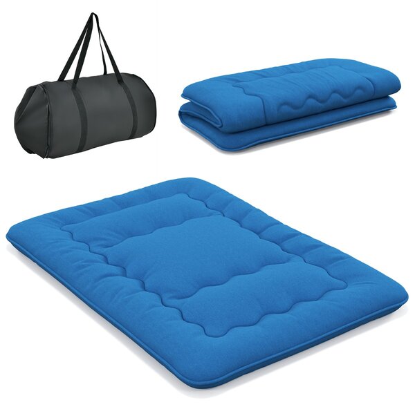 Costway Materasso futon portatile con copertura lavabile sacca da trasporto, Tappeto arrotolabile per pavimento 140cm Blu
