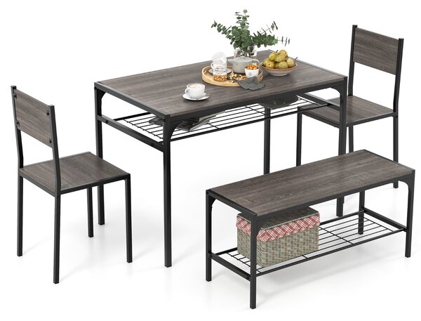 Costway Set da pranzo 4 pezzi con telaio in metallo ripiano portaoggetti, Tavolo da pranzo con 2 sedie panca per 4 persone Grigio scuro