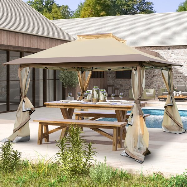 Costway Gazebo pop-up 358x358cm con rete laterale a 4 lati cima ventilata borsa da trasporto, Tenda gazebo istantanea Marrone