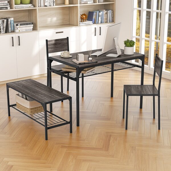 Costway Set da pranzo 4 pezzi con telaio in metallo ripiano portaoggetti, Tavolo da pranzo con 2 sedie panca per 4 persone Grigio scuro