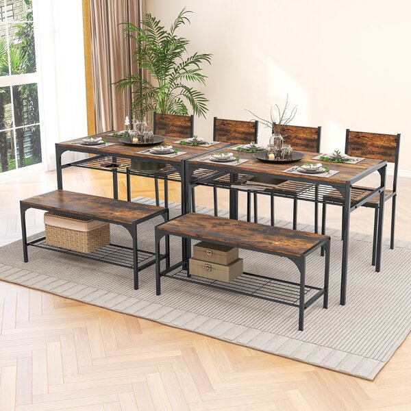 Costway Set da pranzo 4 pezzi con telaio in metallo ripiano portaoggetti, Tavolo da pranzo con 2 sedie panca per 4 persone Marrone