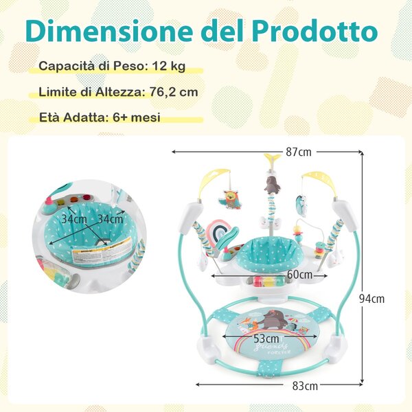 Costway Centro attività per neonati con giocattoli interattivi vassoio musicale, Trottola per bambini regolabile in altezza Bianco e blu