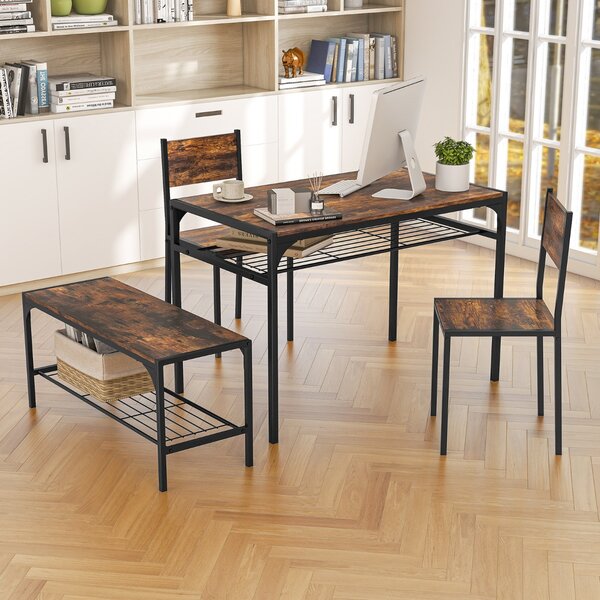 Costway Set da pranzo 4 pezzi con telaio in metallo ripiano portaoggetti, Tavolo da pranzo con 2 sedie panca per 4 persone Marrone