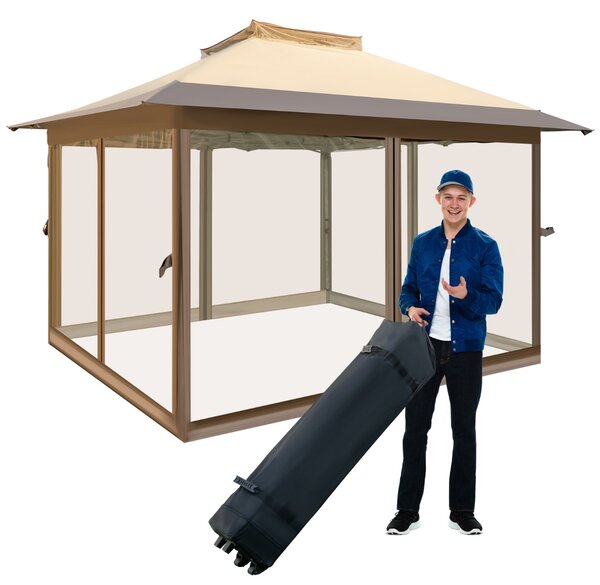 Costway Gazebo pop-up 358x358cm con rete laterale a 4 lati cima ventilata borsa da trasporto, Tenda gazebo istantanea Marrone