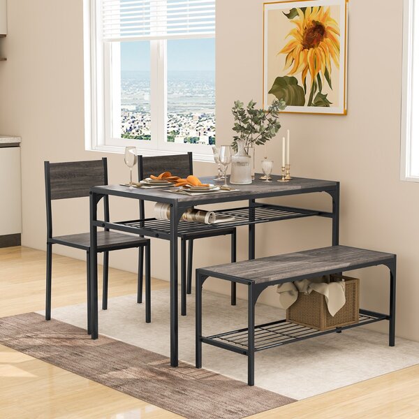 Costway Set da pranzo 4 pezzi con telaio in metallo ripiano portaoggetti, Tavolo da pranzo con 2 sedie panca per 4 persone Grigio scuro
