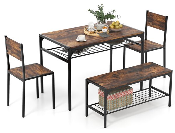 Costway Set da pranzo 4 pezzi con telaio in metallo ripiano portaoggetti, Tavolo da pranzo con 2 sedie panca per 4 persone Marrone