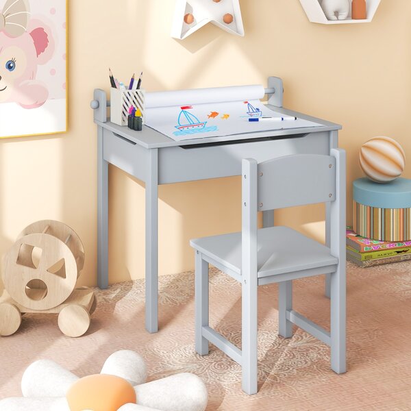 Costway Tavolo per bambini con sedia vano portaoggetti e portarotolo per disegnare giocare, Set di tavolino con sedia Grigio