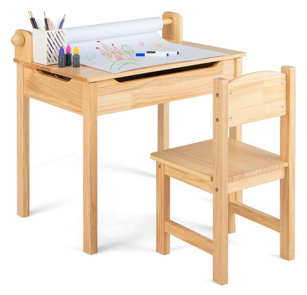 Costway Tavolo multi attività per bambini con sedia, Tavolo per arte e mestieri con porta rotolo di carta rotolo di carta Naturale