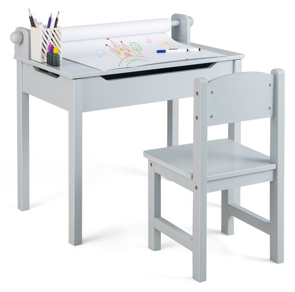Costway Tavolo per bambini con sedia vano portaoggetti e portarotolo per disegnare giocare, Set di tavolino con sedia Grigio