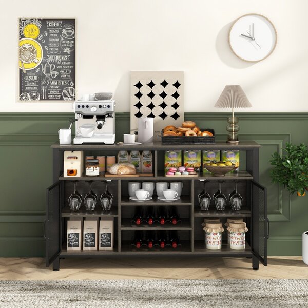 Costway Credenza per vino da 140cm con portabottiglie per 8 bottiglie, Mobiletto per caffè con porte in rete metallica Grigio