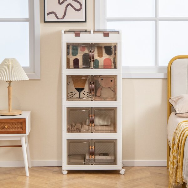 Costway Scatole di stoccaggio pieghevoli con coperchio da 210L, Set da 4 contenitori di plastica impilabili con ruote Bianco