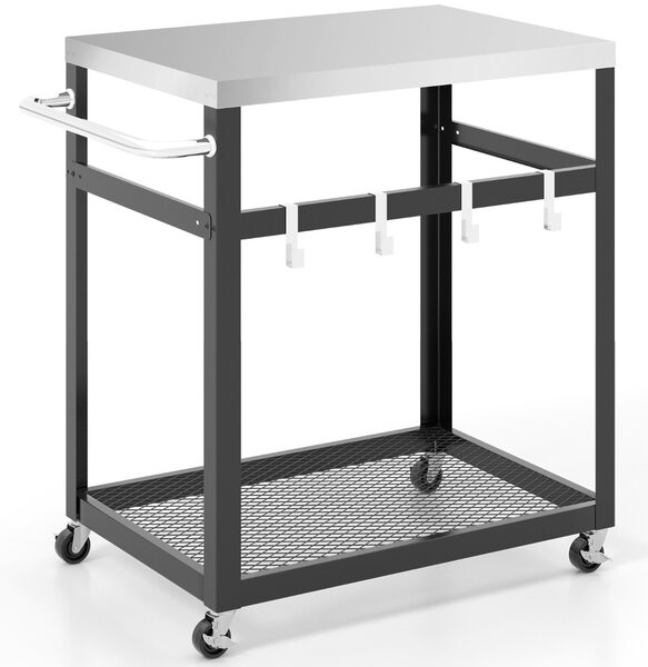 Costway Carrello in acciaio inossidabile a 2 livelli con ruote e maniglia, Tavolo per forno per pizza con 4 ganci Nero