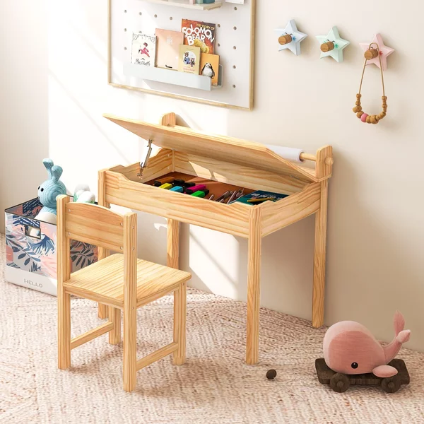 Costway Tavolo multi attività per bambini con sedia, Tavolo per arte e mestieri con porta rotolo di carta rotolo di carta Naturale